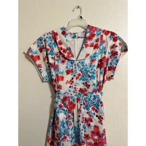 VTG J. Peterman 50's Floral Midi Dress 14 Shawl Collar Tie Back Cottage Prairie